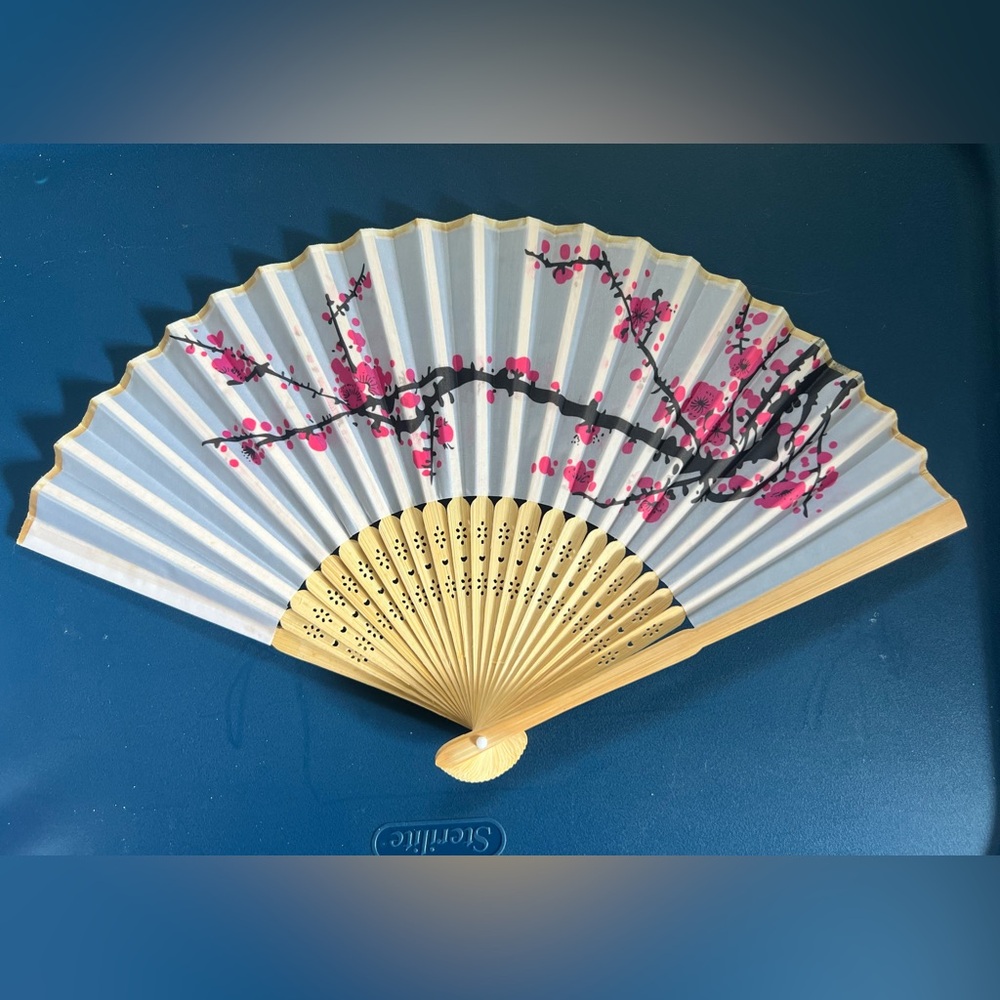 Pink Cherry Blossom White Floral Hand Fan with black branches